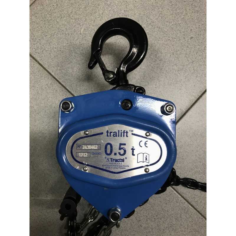 Paranco a catena tractel kg. 500 tralift 3/3 metri, Alza-tira TRACTEL