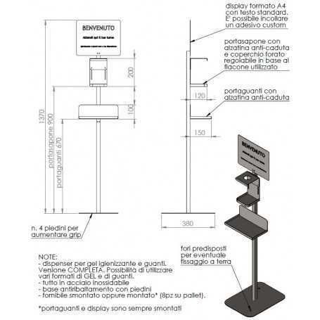 Colonnina per gel igienizzante - top inox - c/cartello info e supp.guanti